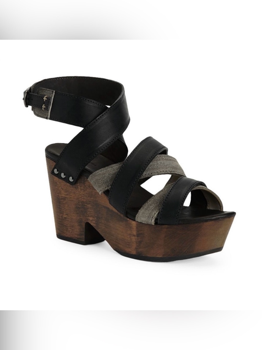 Rag & Bone Sandals Addington Black Grey Leather Suede Wooden Wedge Sz 7 EU 37